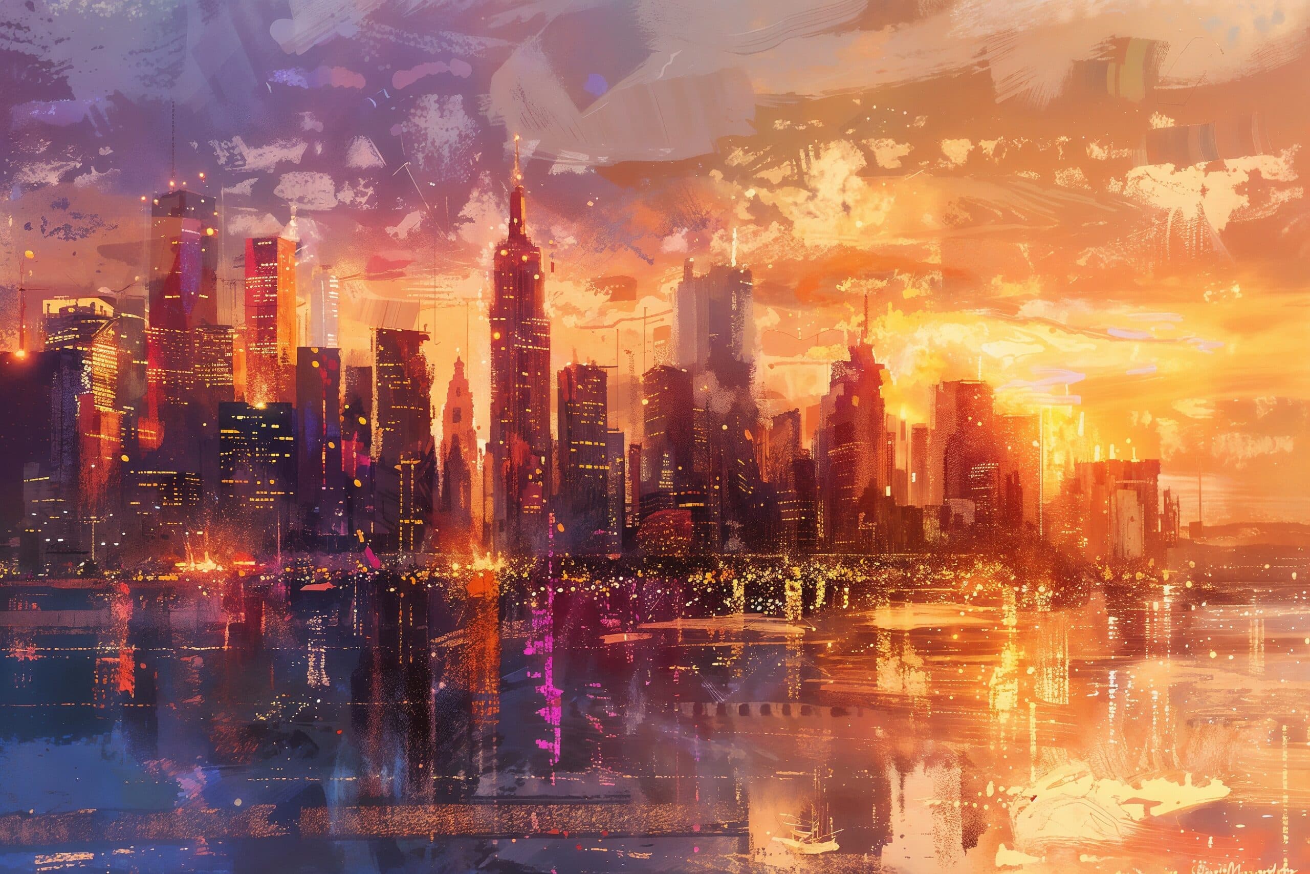 City skyline painting reimagined in Claude Monet style with Euryka AI