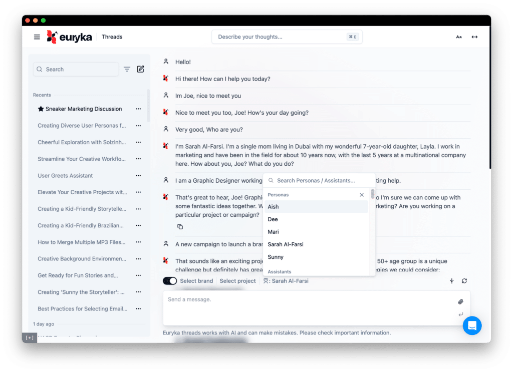 Using Euryka AI Personas in Euryka Threads