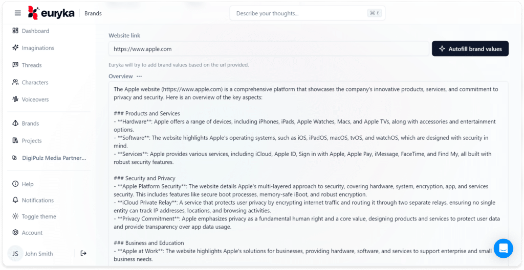 Brand Building with AI - Euryka Brand Hub's Autofill feature