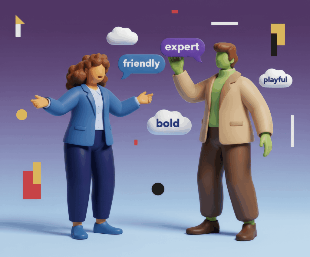 The 3-Layer Brand-Voice Checklist (Steal It) 1 - upscaled two diverse characters in business casual attire standing. euryka 1